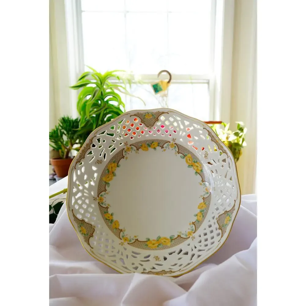 Vintage Oscar De La Renta Jonquil Floral Reticulated Serving Bowl West Germany